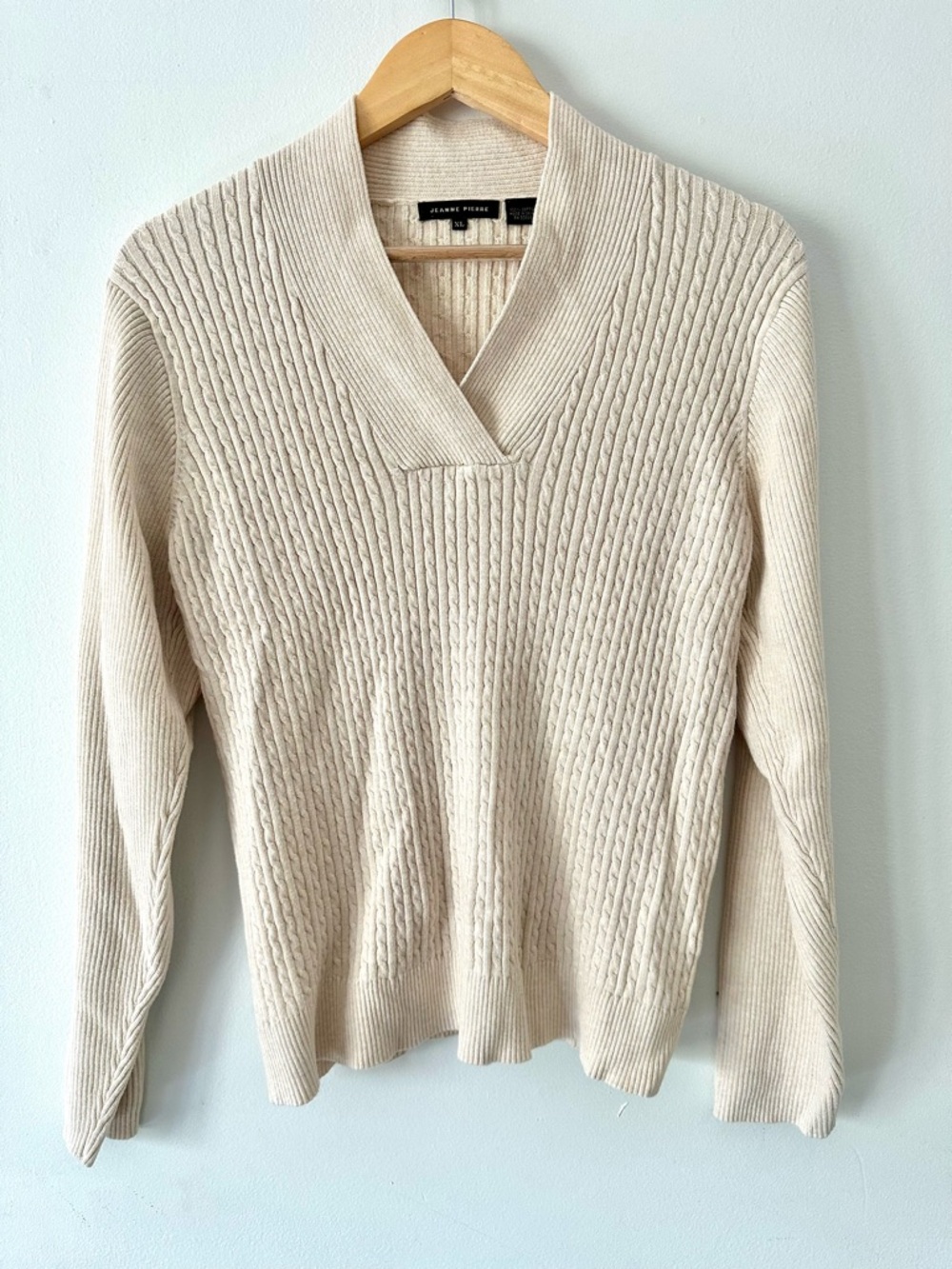 JEANNE PIERRE Cream Cable Knit V-Neck LIGHTWEIGHT 100% Cotton Sweater